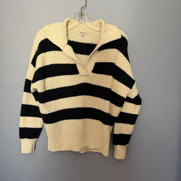 Madewell Antique Cream Striped Waffle-Knit Henley Sweater Size M Relaxed Fit - Picture 8 of 16